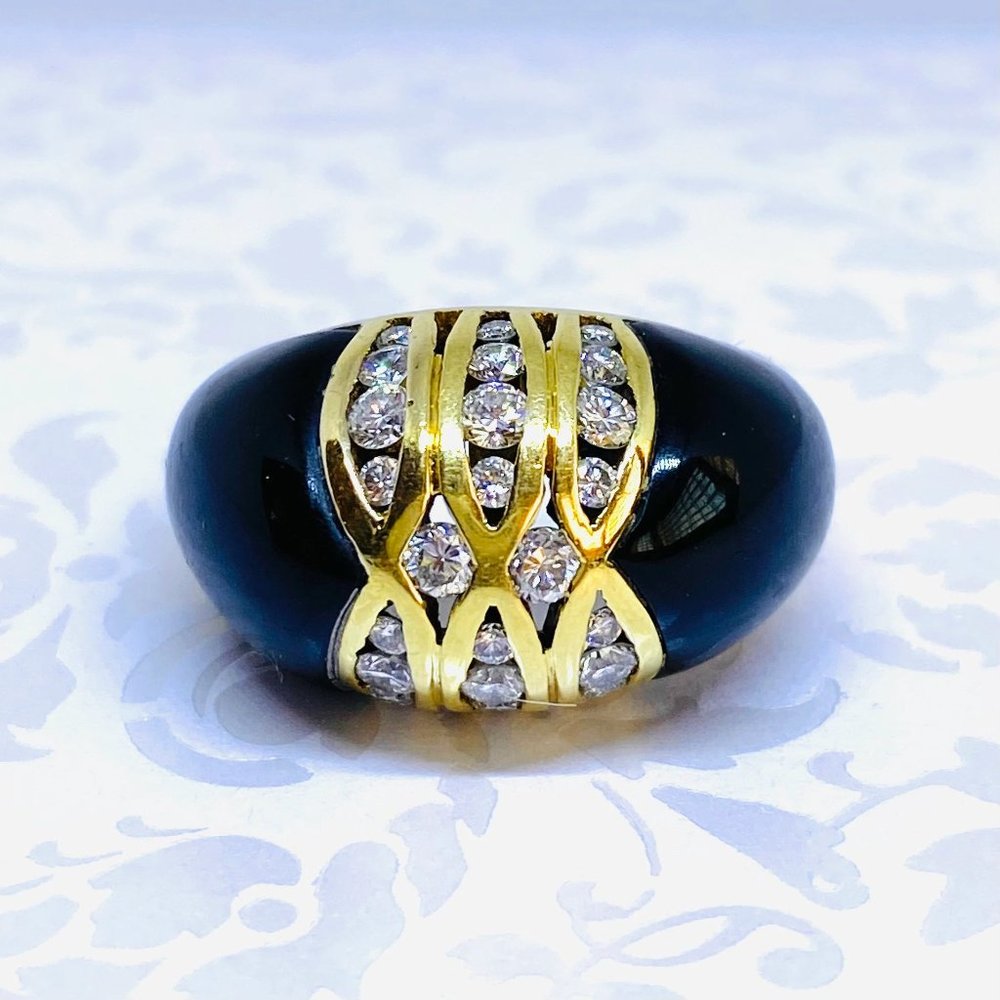 SOLD 18K Yellow Gold Black Onyx and Diamond Dome Ring